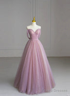 A-Line V-Neckline Beaded Tulle Off Shoulder Prom Dress, Pink Tulle Evening Dress
