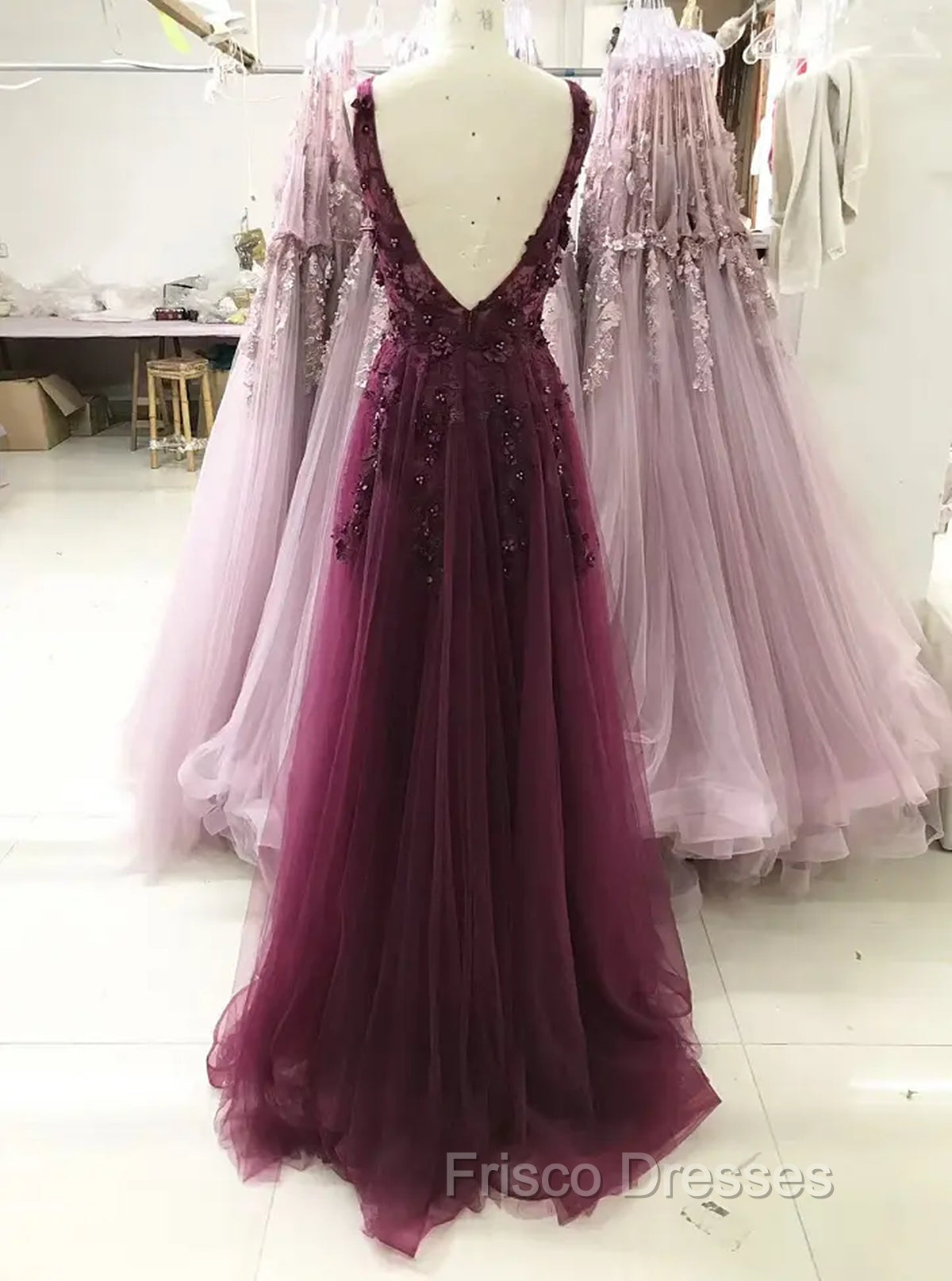 A-line V-neckline Flowers Tulle  Evening Dress Formal Prom Dress, Long Wedding Party Dress
