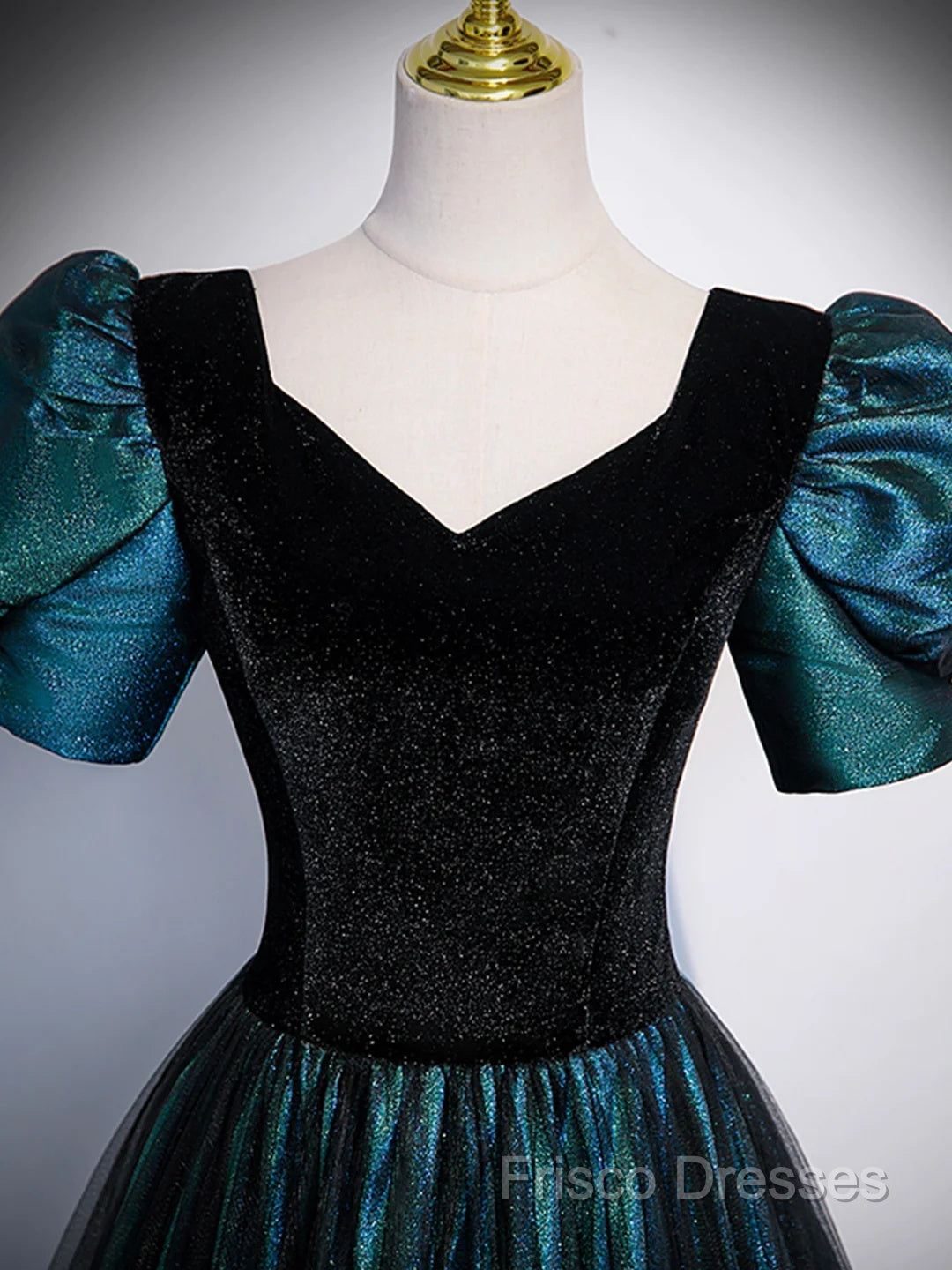 A-Line Velvet And Tulle Long Formal Prom Dress, Short Sleeve Party Dress Formal Dress