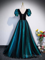 A-Line Velvet And Tulle Long Formal Prom Dress, Short Sleeve Party Dress Formal Dress