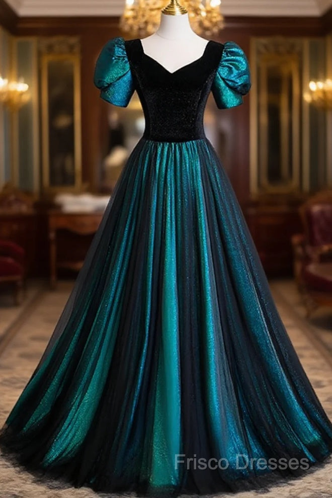 A-Line Velvet And Tulle Long Formal Prom Dress, Short Sleeve Party Dress Formal Dress