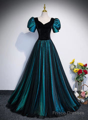 A-Line Velvet And Tulle Long Prom Dress, Short Sleeve  Party Dress Formal Dress