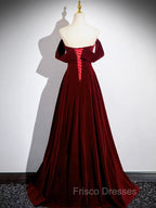 A-Line Velvet Burgundy Long Formal Prom Dress, Burgundy Long Formal Dress