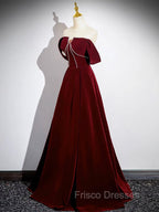 A-Line Velvet Burgundy Long Formal Prom Dress, Burgundy Long Formal Dress