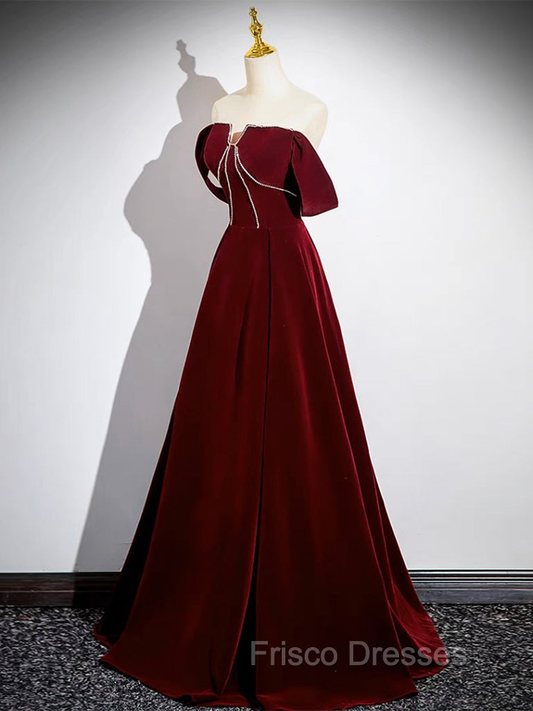 A-Line Velvet Burgundy Long Formal Prom Dress, Burgundy Long Formal Dress