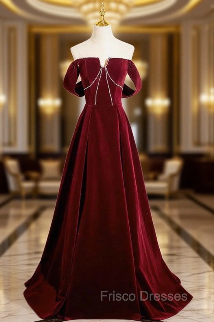 A-Line Velvet Burgundy Long Formal Prom Dress, Burgundy Long Formal Dress Main image