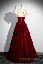 A-Line Velvet Floor Length Formal Prom Dress, Burgundy Off the Shoulder Evening Party Dress