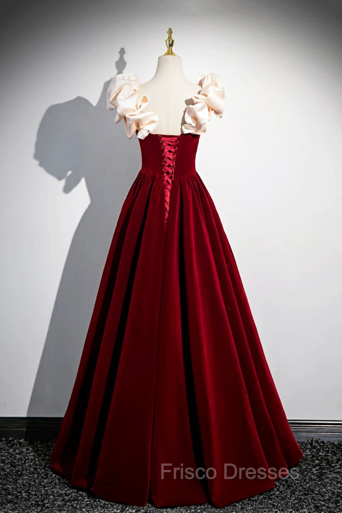 A-Line Velvet Floor Length Formal Prom Dress, Burgundy Off the Shoulder Evening Party Dress