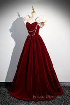 A-Line Velvet Floor Length Formal Prom Dress, Burgundy Off the Shoulder Evening Party Dress