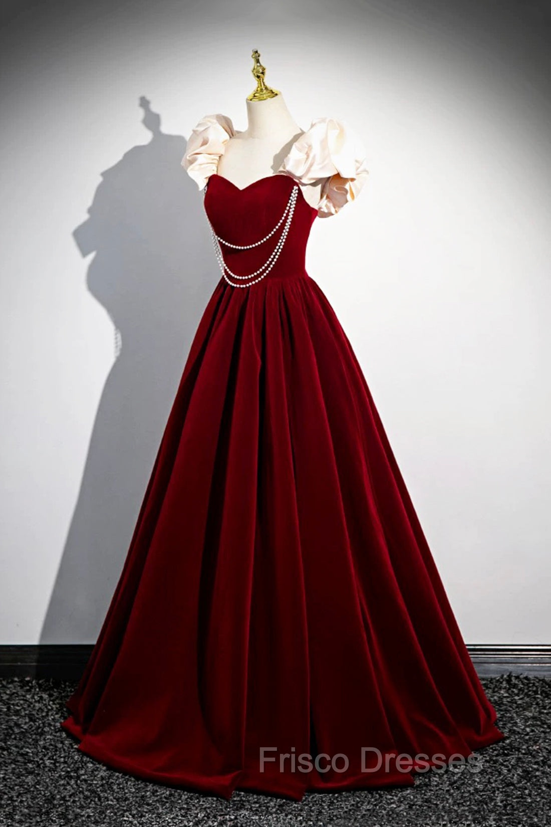 A-Line Velvet Floor Length Formal Prom Dress, Burgundy Off the Shoulder Evening Party Dress
