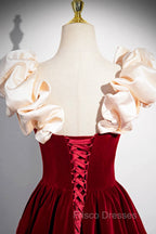 A-Line Velvet Floor Length Formal Prom Dress, Burgundy Off the Shoulder Evening Party Dress