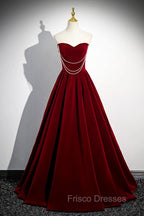 A-Line Velvet Floor Length Formal Prom Dress, Burgundy Off the Shoulder Evening Party Dress