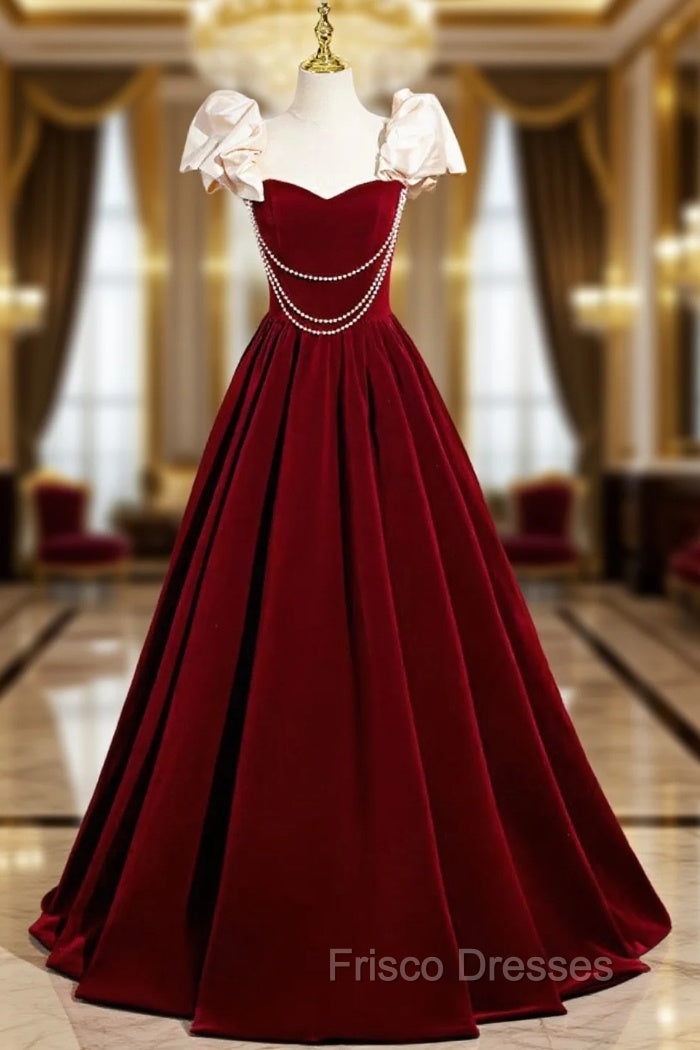 A-Line Velvet Floor Length Formal Prom Dress, Burgundy Off the Shoulder Evening Party Dress Main image