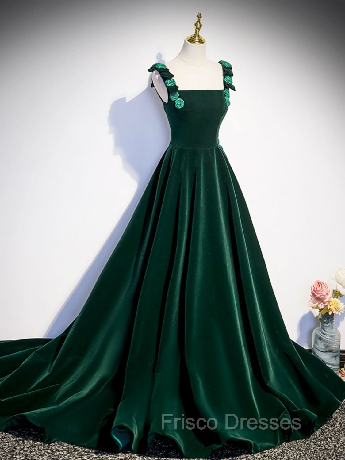 A-Line Velvet Green Long Formal Prom Dress, Green Formal Evening Dress