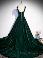 A-Line Velvet Green Long Formal Prom Dress, Green Formal Evening Dress