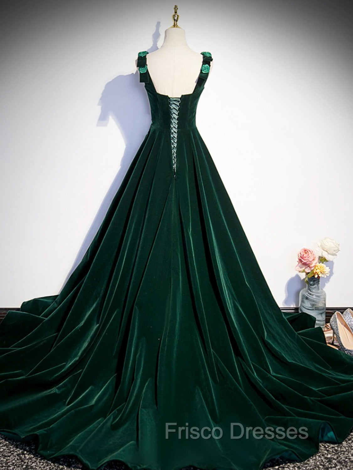 A-Line Velvet Green Long Formal Prom Dress, Green Formal Evening Dress