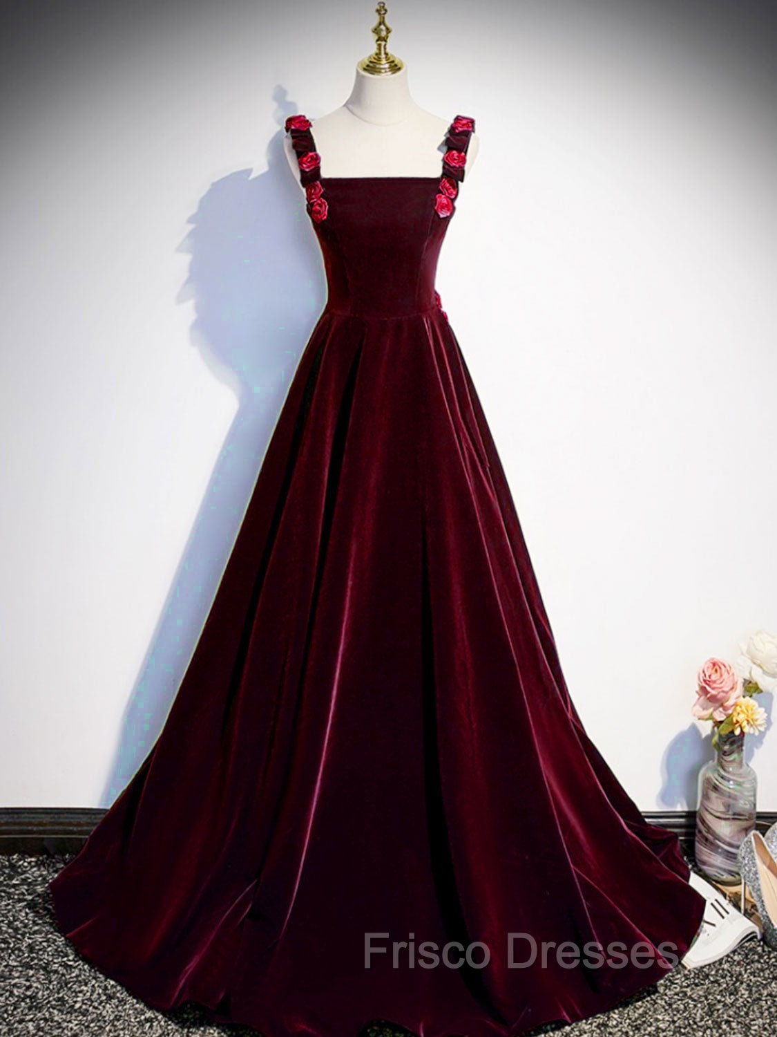 A-Line Velvet Green Long Formal Prom Dress, Green Formal Evening Dress