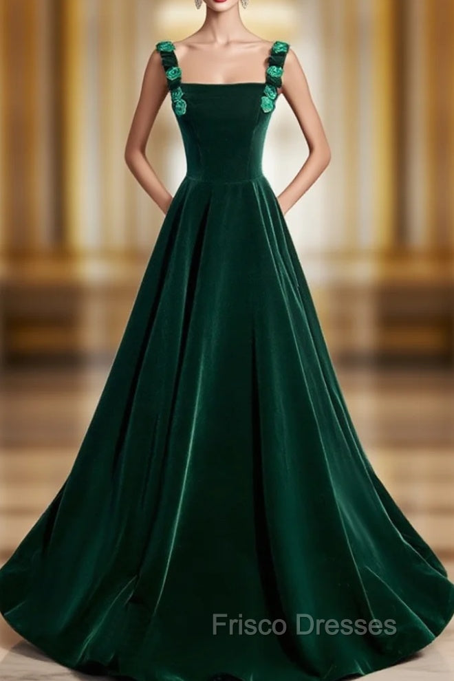 A-Line Velvet Green Long Formal Prom Dress, Green Formal Evening Dress