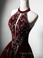 A-Line Velvet Sequin Beads Burgundy Long Formal Prom Dress, Burgundy Long Formal Dress