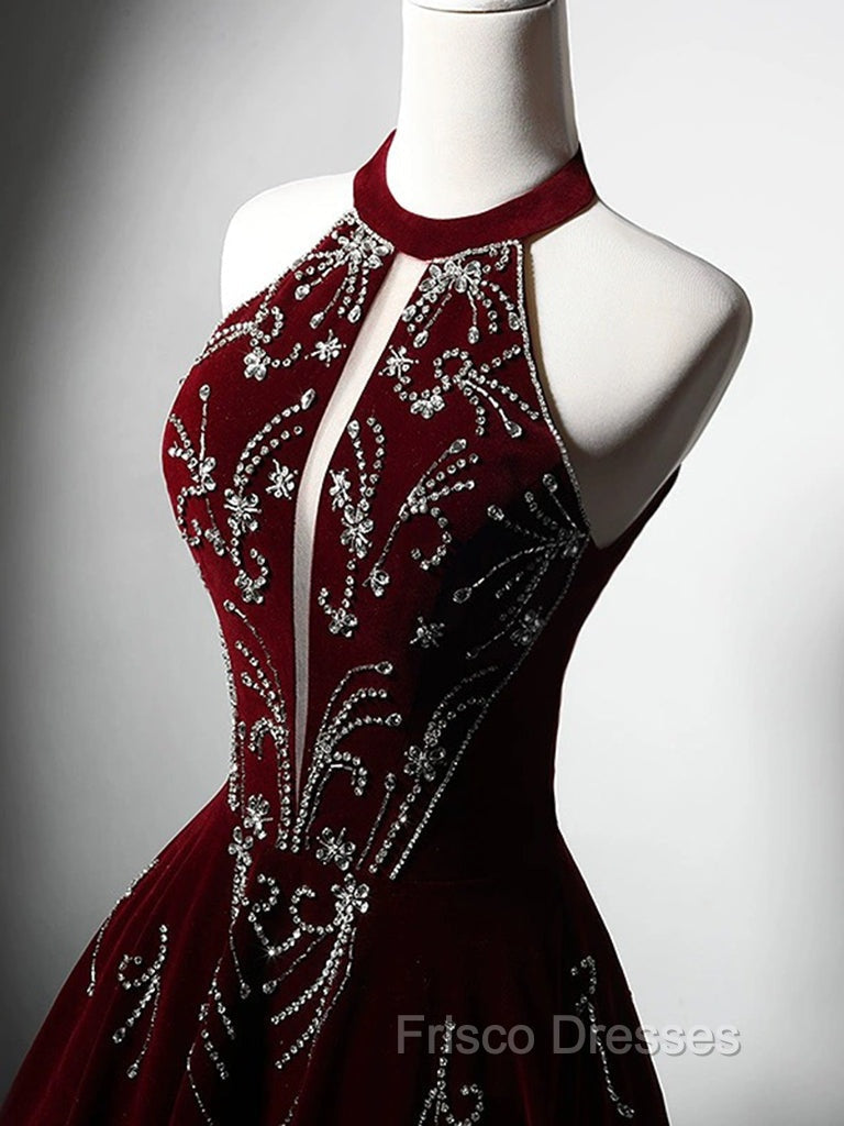 A-Line Velvet Sequin Beads Burgundy Long Formal Prom Dress, Burgundy Long Formal Dress