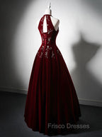 A-Line Velvet Sequin Beads Burgundy Long Formal Prom Dress, Burgundy Long Formal Dress