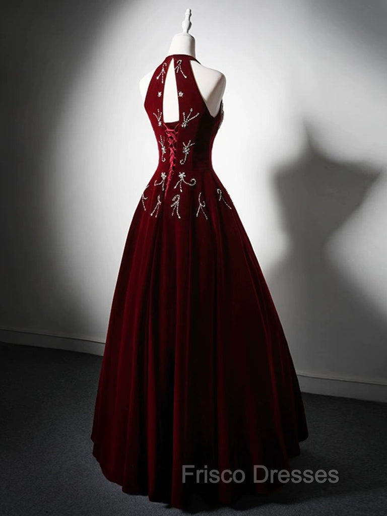 A-Line Velvet Sequin Beads Burgundy Long Formal Prom Dress, Burgundy Long Formal Dress