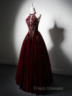 A-Line Velvet Sequin Beads Burgundy Long Formal Prom Dress, Burgundy Long Formal Dress