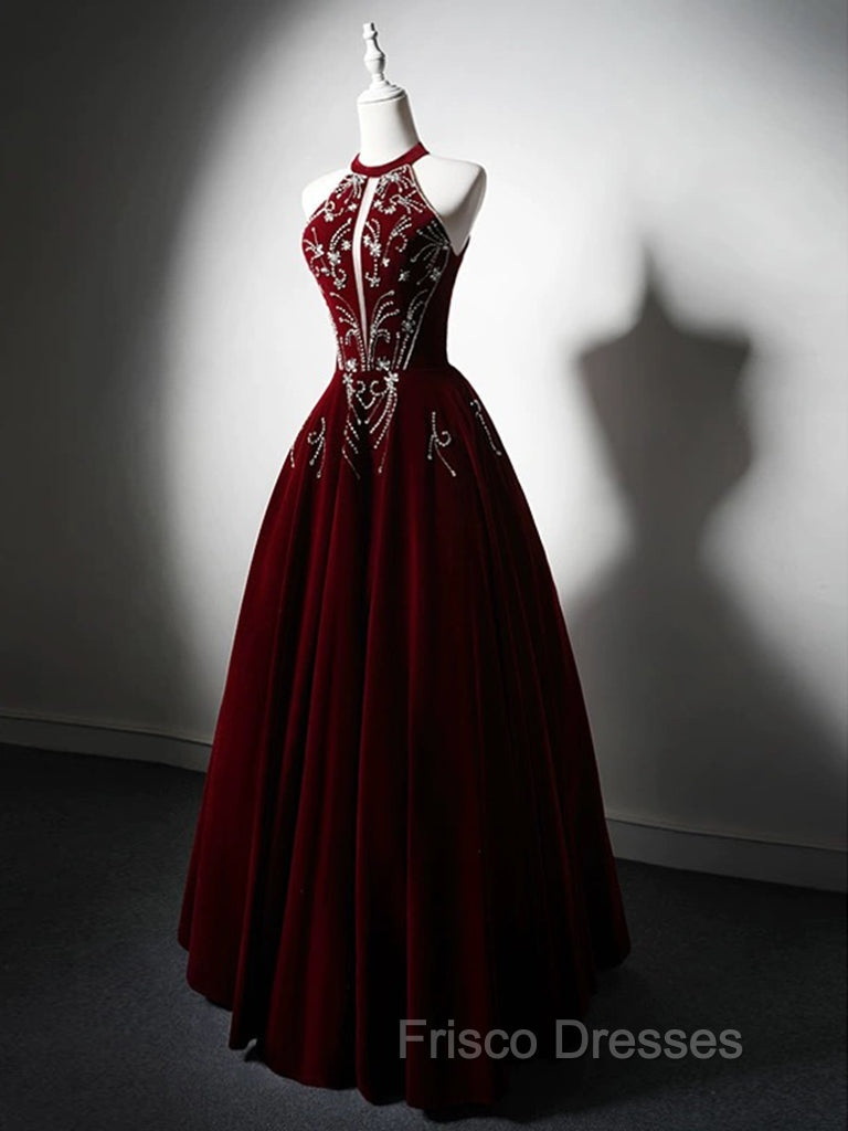 A-Line Velvet Sequin Beads Burgundy Long Formal Prom Dress, Burgundy Long Formal Dress