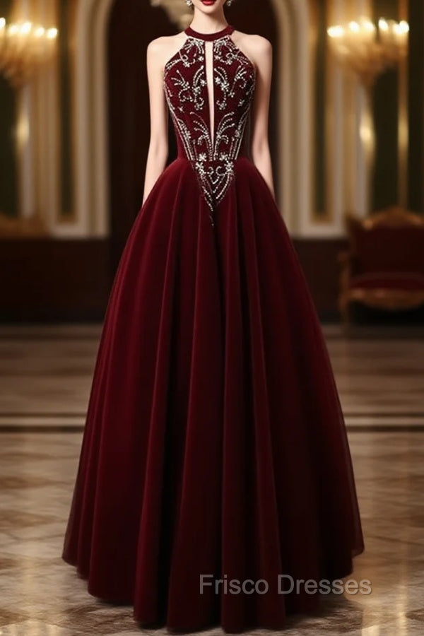 A-Line Velvet Sequin Beads Burgundy Long Formal Prom Dress, Burgundy Long Formal Dress