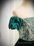 A-Line Velvet Sequin Beads Green Long Formal Prom Dress Formal Dress Elegant
