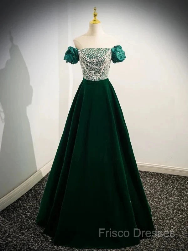 A-Line Velvet Sequin Beads Green Long Formal Prom Dress Formal Dress Elegant