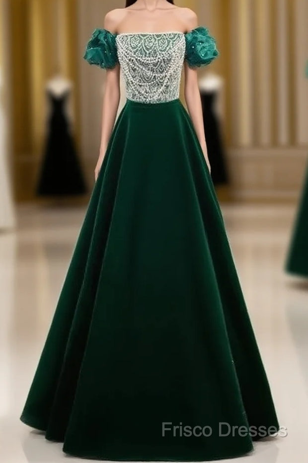 A-Line Velvet Sequin Beads Green Long Formal Prom Dress Formal Dress Elegant