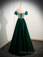 A-Line Velvet Sequin Beads Green Long Formal Prom Dress, Green Velvet Long Formal Dress