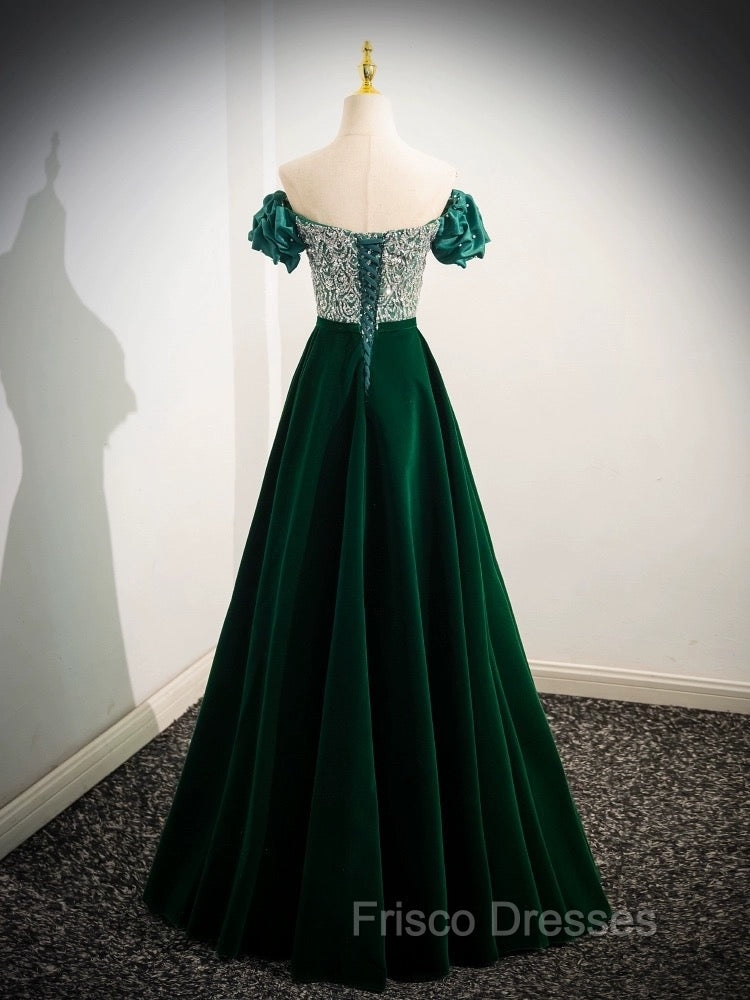 A-Line Velvet Sequin Beads Green Long Formal Prom Dress, Green Velvet Long Formal Dress