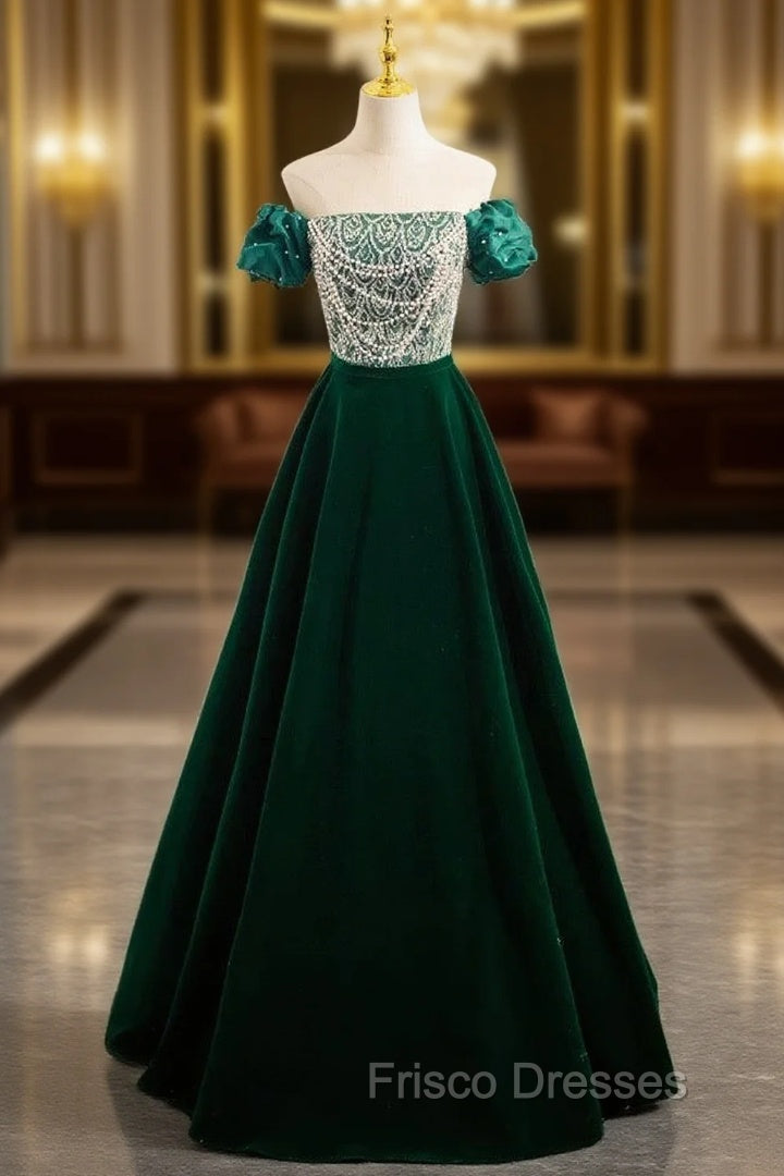 A-Line Velvet Sequin Beads Green Long Formal Prom Dress, Green Velvet Long Formal Dress Main image