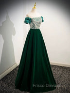 A-Line Velvet Sequin Beads Green Long Formal Prom Dress, Velvet Green Long Formal Dress