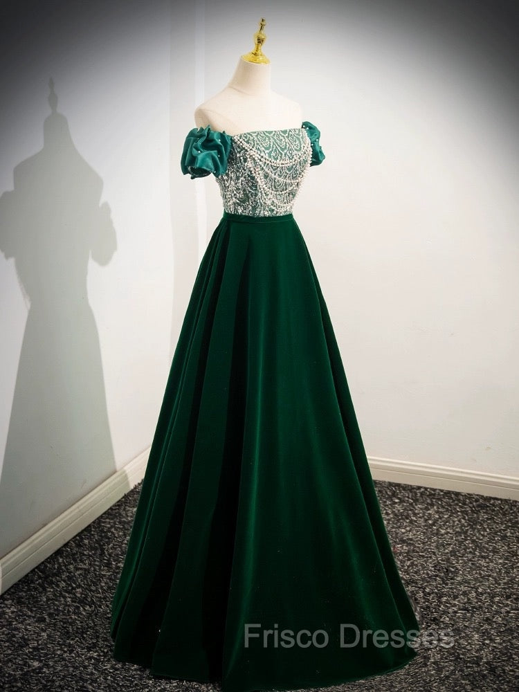 A-Line Velvet Sequin Beads Green Long Formal Prom Dress, Velvet Green Long Formal Dress