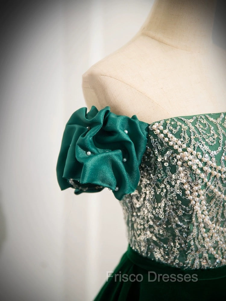 A-Line Velvet Sequin Beads Green Long Formal Prom Dress, Velvet Green Long Formal Dress