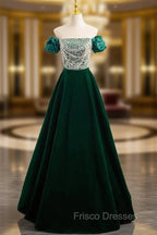 A-Line Velvet Sequin Beads Green Long Formal Prom Dress, Velvet Green Long Formal Dress