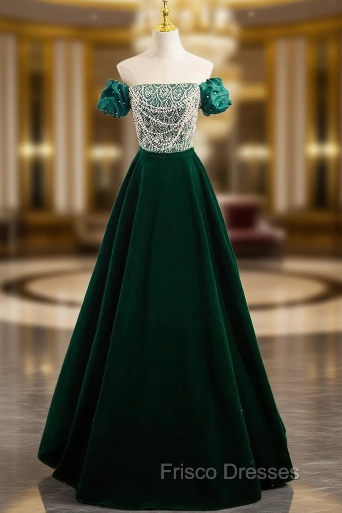 A-Line Velvet Sequin Beads Green Long Formal Prom Dress, Velvet Green Long Formal Dress