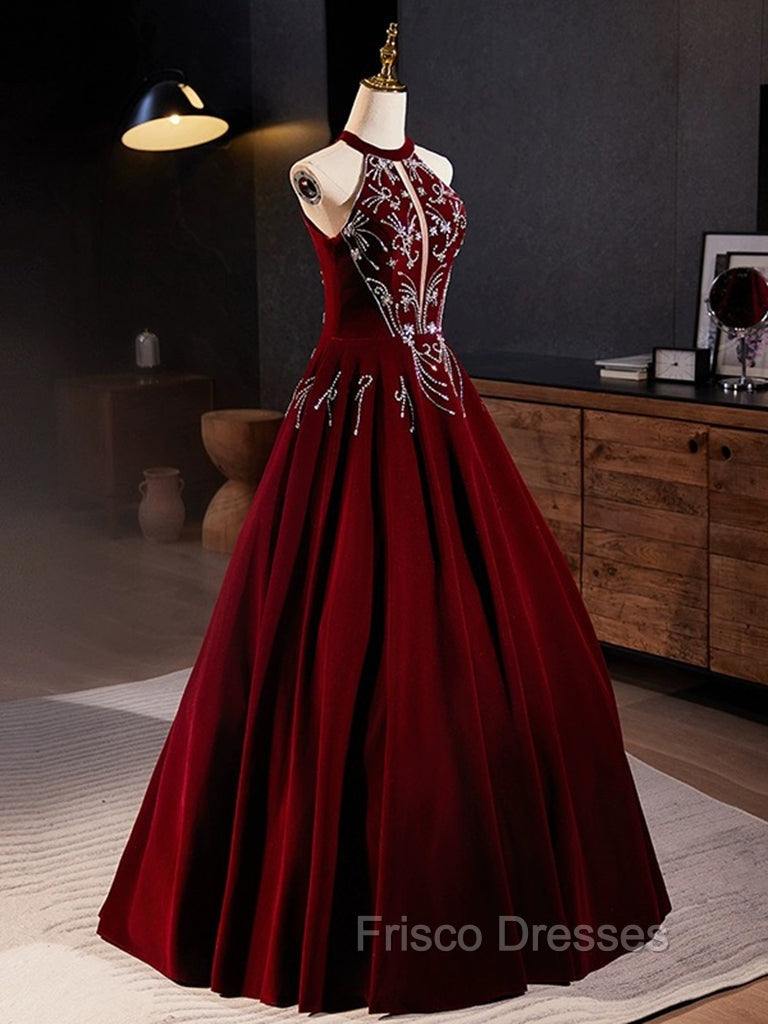 A-Line Velvet Sequin Burgundy Long Formal Prom Dress Long Formal Dress December Wedding Guest Dress