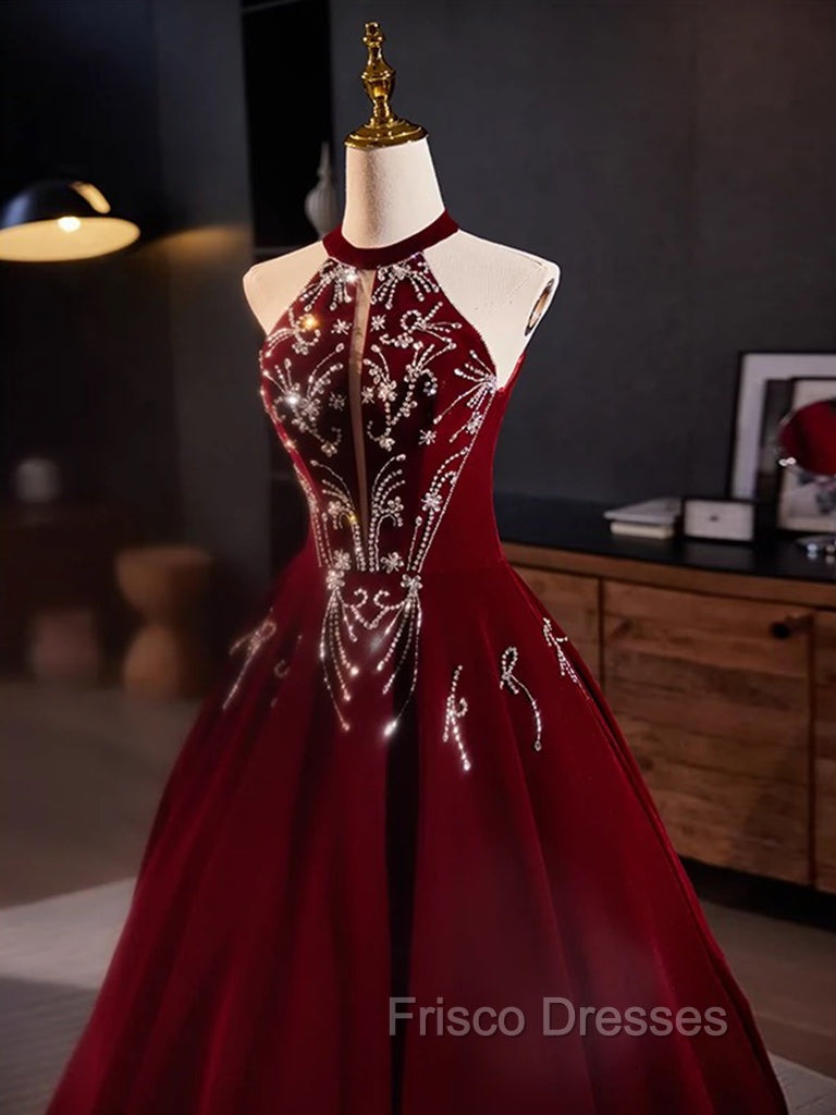 A-Line Velvet Sequin Burgundy Long Formal Prom Dress Long Formal Dress December Wedding Guest Dress