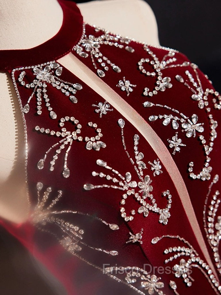 A-Line Velvet Sequin Burgundy Long Formal Prom Dress Long Formal Dress December Wedding Guest Dress