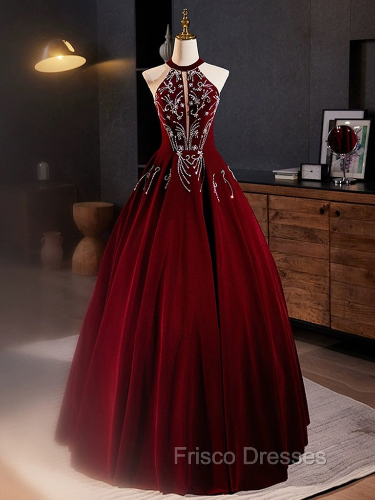 A-Line Velvet Sequin Burgundy Long Formal Prom Dress Long Formal Dress December Wedding Guest Dress