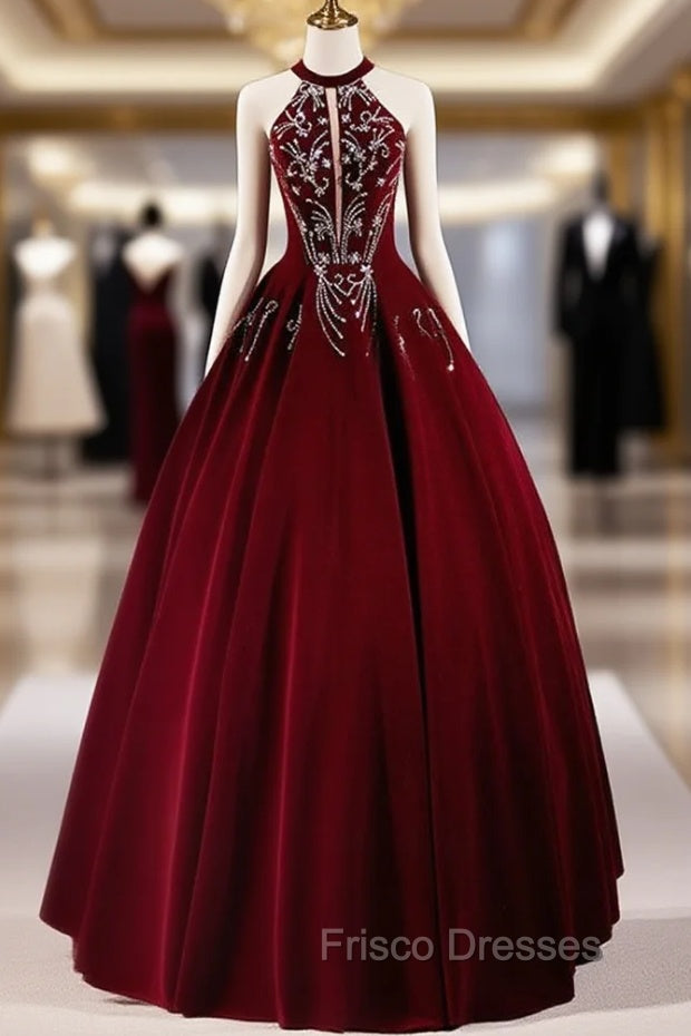 A-Line Velvet Sequin Burgundy Long Formal Prom Dress Long Formal Dress December Wedding Guest Dress
