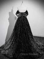 A-Line Velvet Sequin Long Black Formal Prom Dress, Black Long Evening Dress