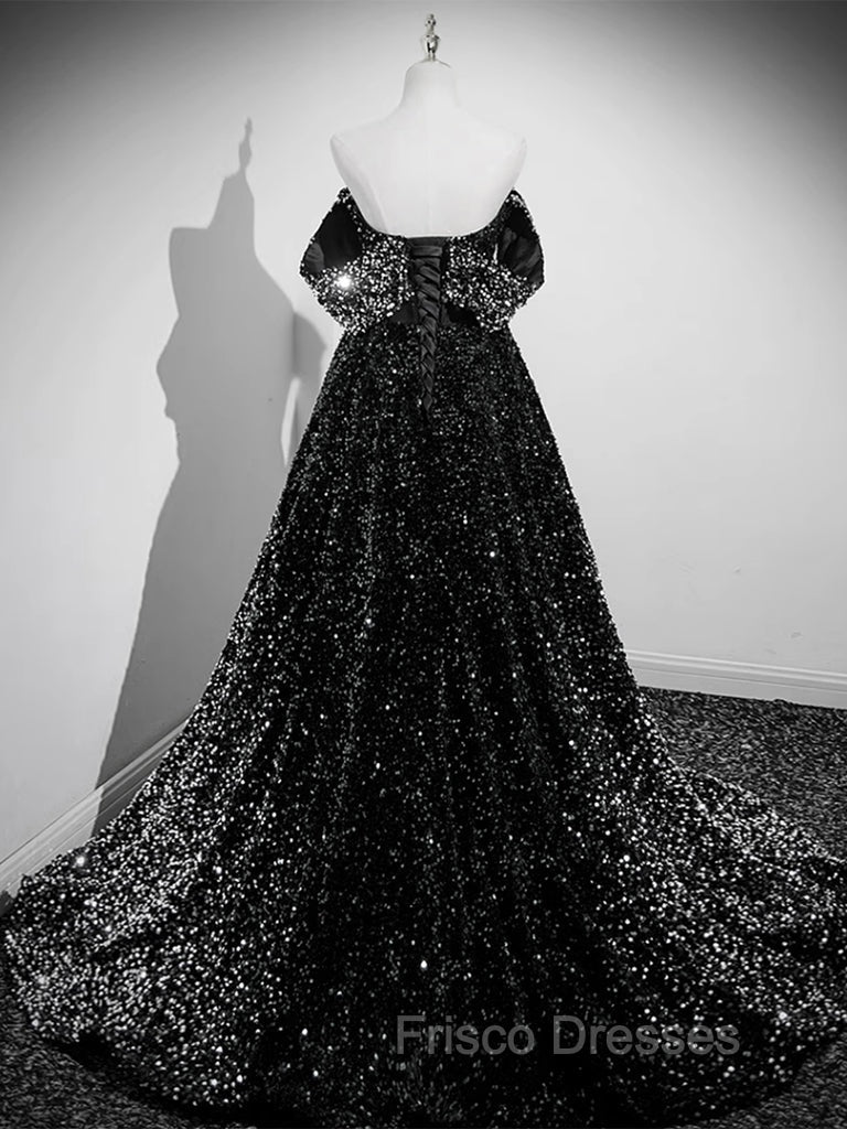 A-Line Velvet Sequin Long Black Formal Prom Dress, Black Long Evening Dress