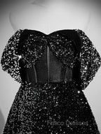 A-Line Velvet Sequin Long Black Formal Prom Dress, Black Long Evening Dress