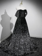 A-Line Velvet Sequin Long Black Formal Prom Dress, Black Long Evening Dress