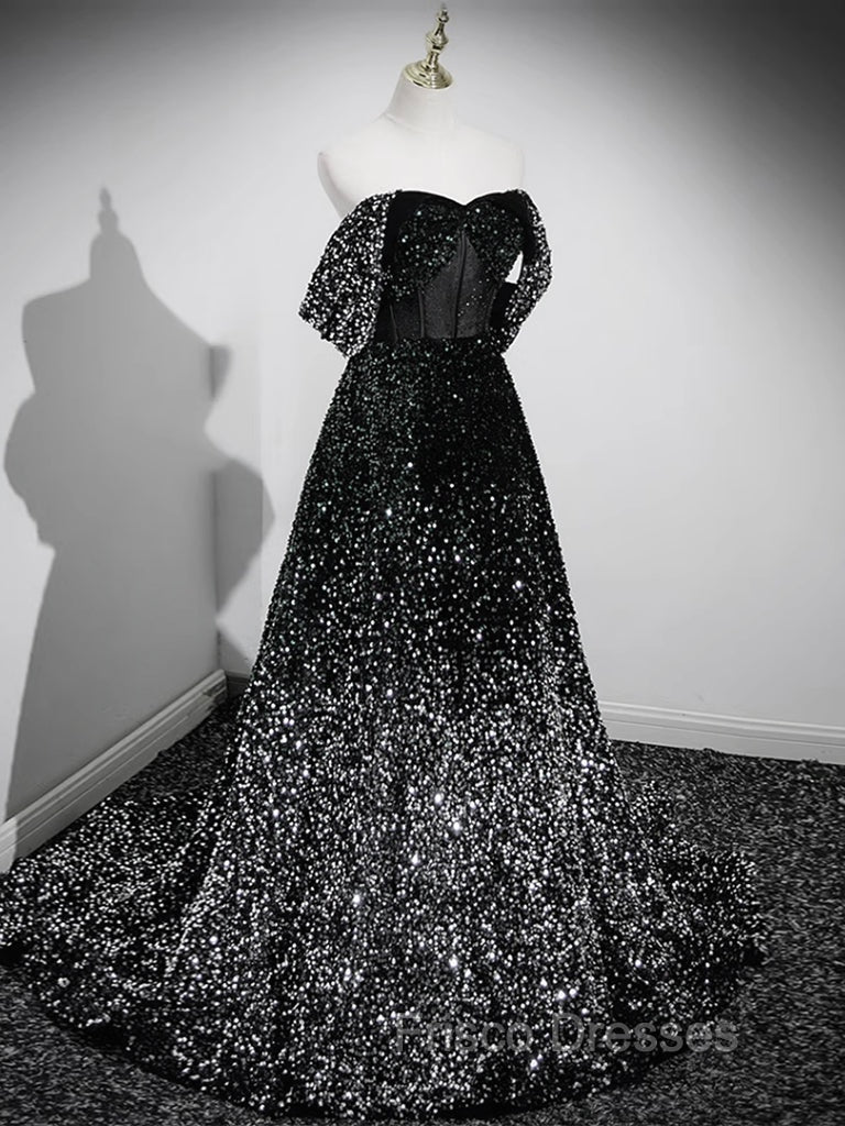 A-Line Velvet Sequin Long Black Formal Prom Dress, Black Long Evening Dress